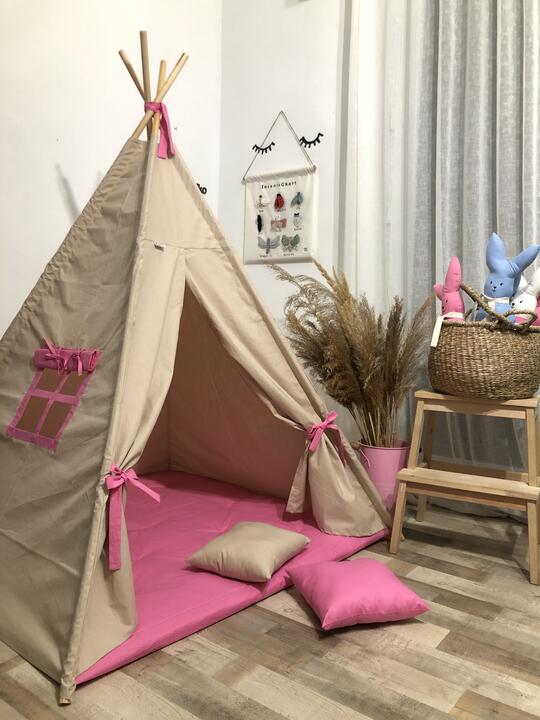 Childrens tent set: beige tent with pink padding