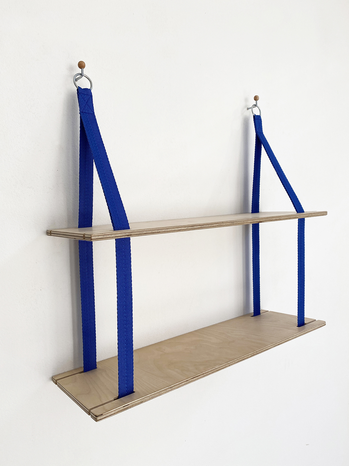 Birch plywood double shelves, hand finished, available in a range of strap colour
