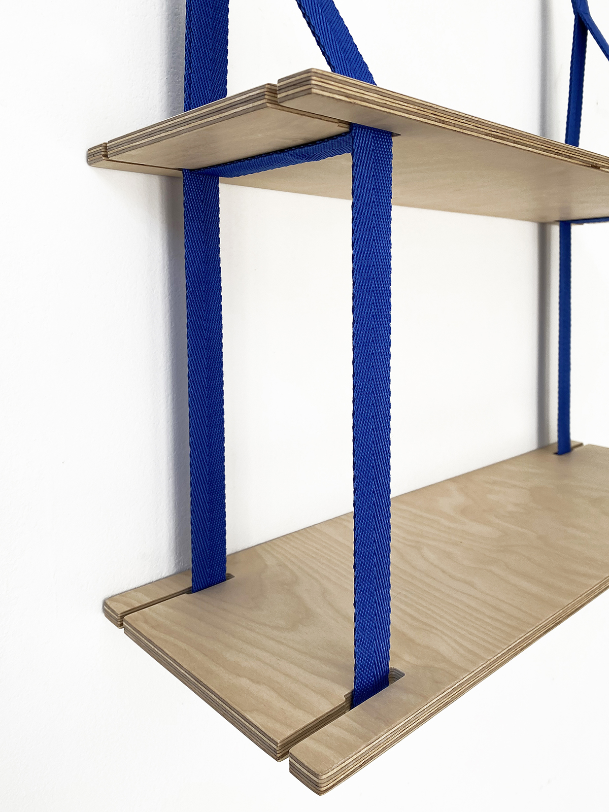 Birch plywood double shelves, hand finished, available in a range of strap colour